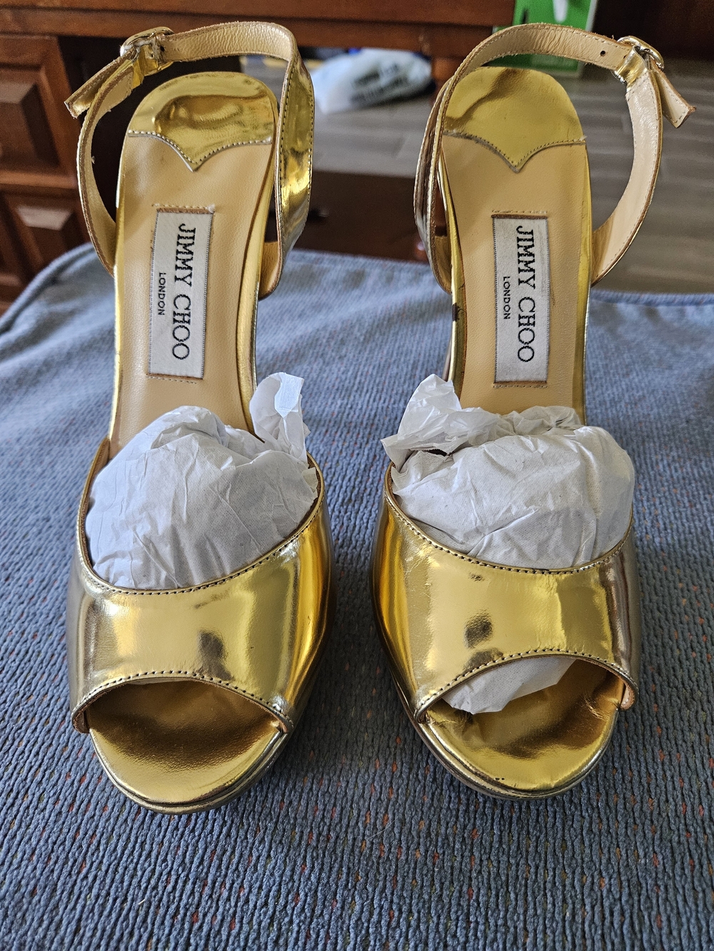 Jimmy Choo Gold Metallic Peep-Toe Ankle Strap Sandals 37 Approx 7.5
